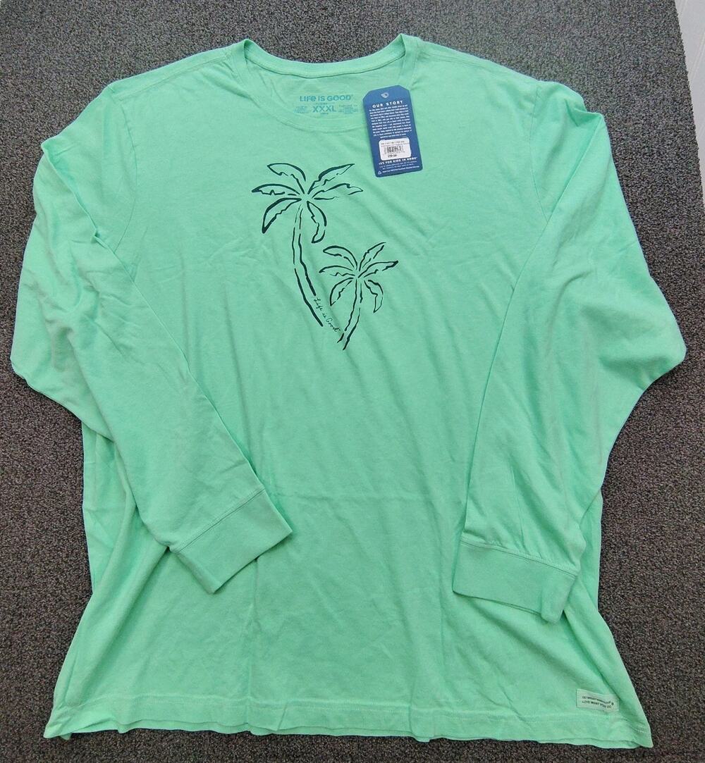 New Men’s Life Is Good Size 3XL Long Sleeve T-Shirt Green Palm Trees